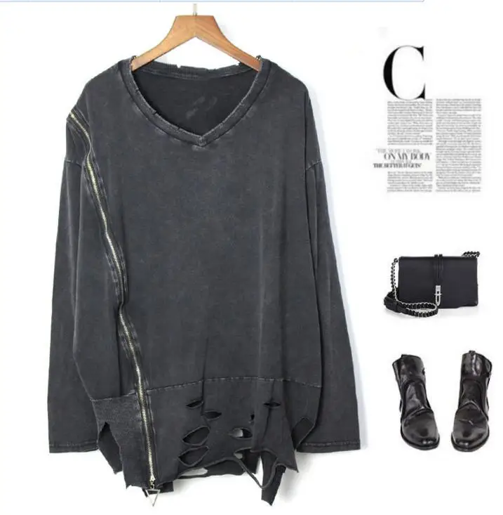 High Street Punk Style women's Water washing cotton V-Neck torn zipper stitching and irregular hem Loose long-sleeved T-shirt
High Street Punk Style women's Water washing cotton V-Neck torn zipper stitching and irregular hem Loose long-sleeved T-shirt