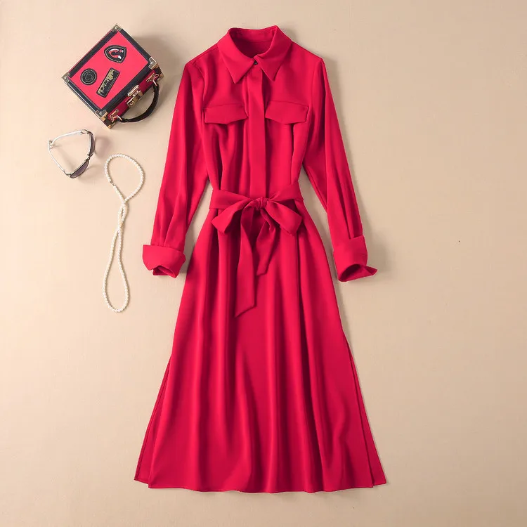 Runway Designer 2019 Spring Summer Dress Women High Quality Turn Down Neck Solid Color Belt Red Midi Dress Party Vestido
Runway Designer 2019 Spring Summer Dress Women High Quality Turn Down Neck Solid Color Belt Red Midi Dress Party Vestido