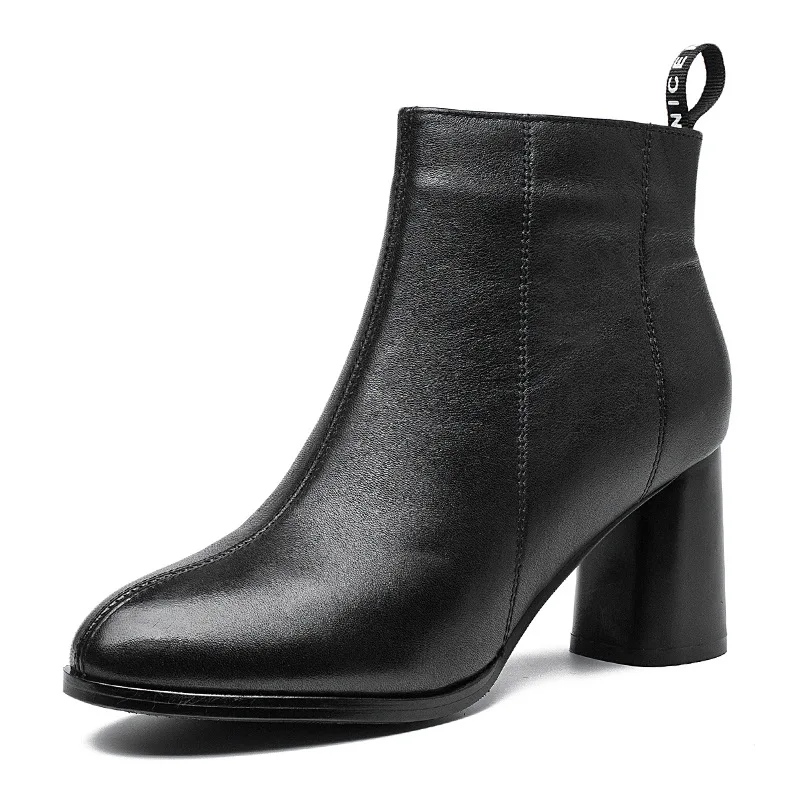 Leather Women's Boots High Heel Thick with Boots 2018 Autumn and Winter New Plus Velvet Thick Warm