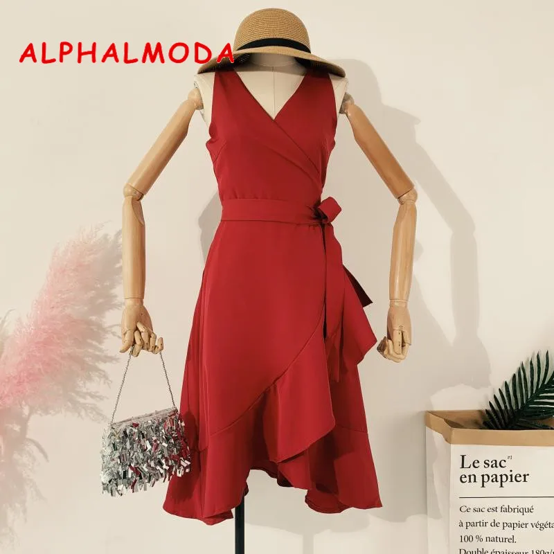 ALPHALMODA V-neck Sleeveless High-waist Tie Sashes Women Vintage Summer Elegant Dresses Ladies Irregular Ruffled Solid Vestidos
ALPHALMODA V-neck Sleeveless High-waist Tie Sashes Women Vintage Summer Elegant Dresses Ladies Irregular Ruffled Solid Vestidos