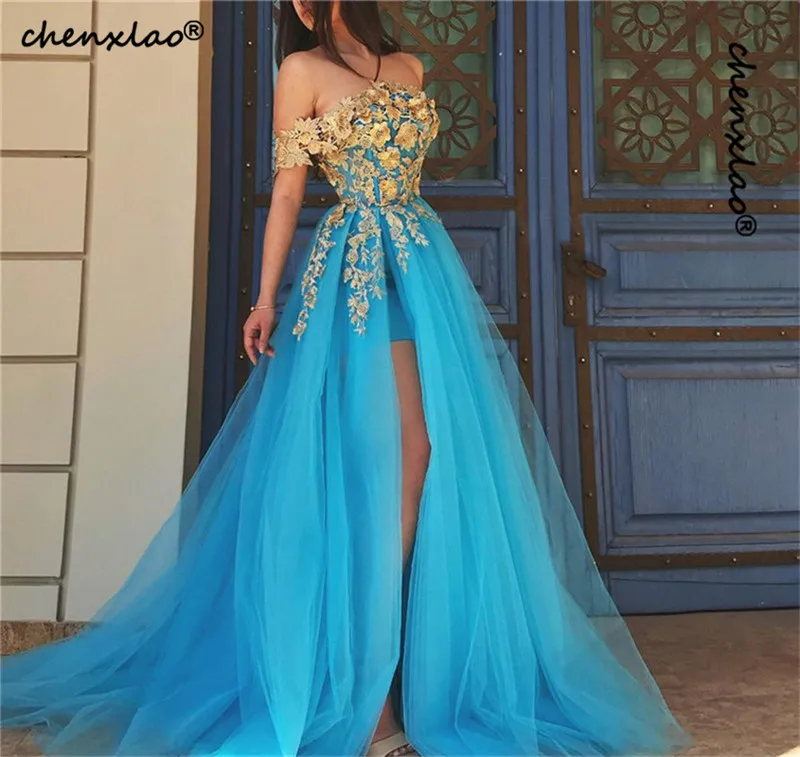 abendkleider 2019 Blue Evening Dress Gold Lace Appliques A-Line Off The Shoulder Split Evening Dresses Long Formal Gowns
abendkleider 2019 Blue Evening Dress Gold Lace Appliques A-Line Off The Shoulder Split Evening Dresses Long Formal Gowns