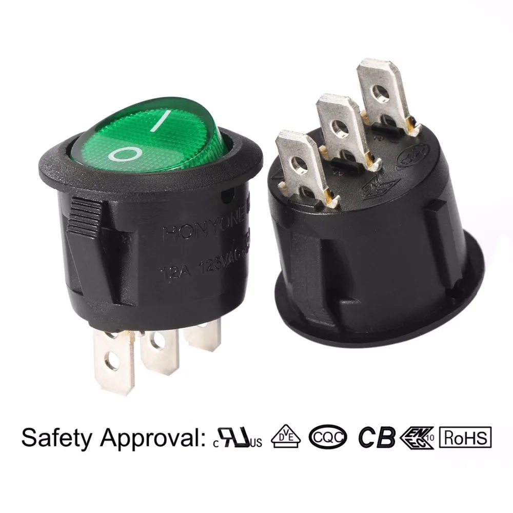 

AC 250V/10A 125V/12A 3 Terminal SPST 2 Position I/O On/Off Toggle Round Button Rocker Switch Green Lamp Illuminated