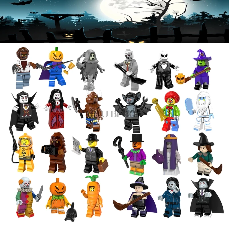 

Legoing Halloween Figures Pumpkin Witch Zombie Vampire Bat Pumpkin King Spectre Queen Akasha Circus Clown Building Blocks Toys