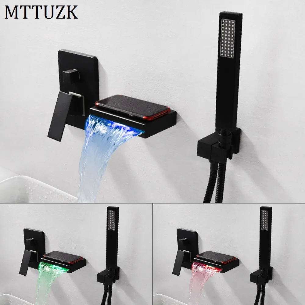 

MTTUZK Discoloration LED Bathtub Faucet Waterfall Spout Tub Bath Mixer Tap Matt Black Wall Mounted Bathroom Tap With Shower Set