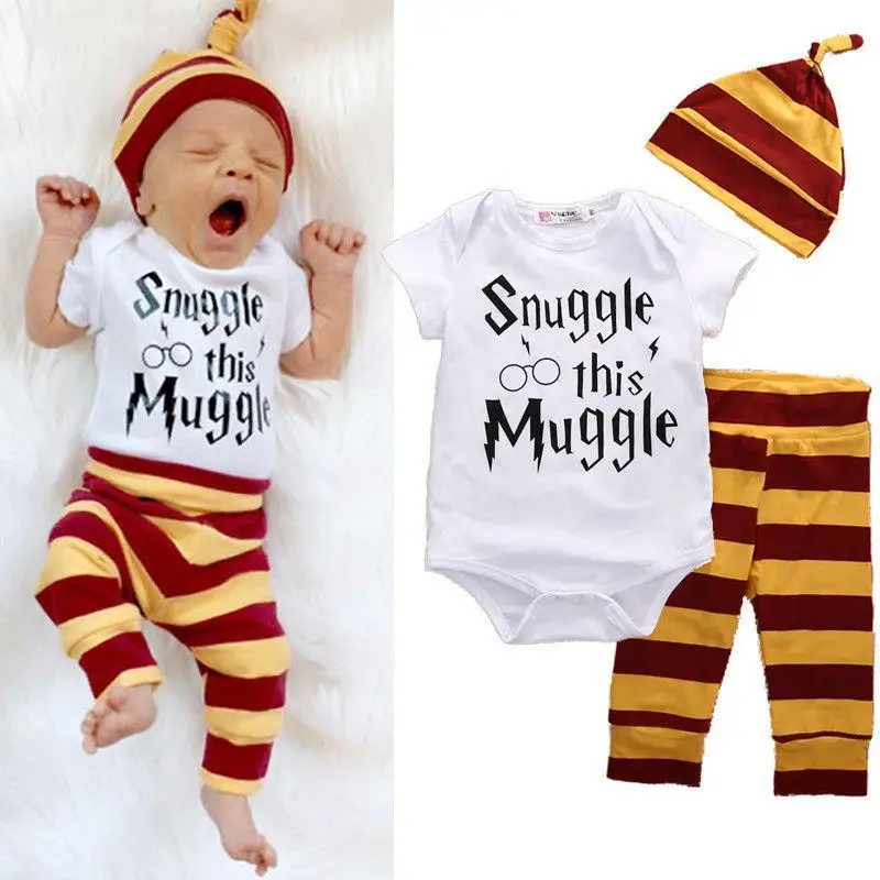 

New Year 3PCS Baby Clothing Set Newborn Baby Boys Girls Snuggle this Muggle Bodysuit+Stripe Pants+Hat Outfits Clothes Sets 0-18M