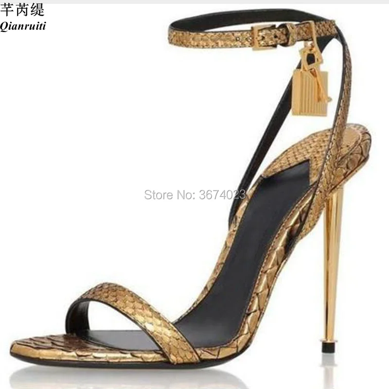 Qianruiti Celebrity Party Shoes Metallic Ankle-Lock Sandals Gold Tone Thin Heels Open Toe Padlock Pumps Fashion Women Sandals
Qianruiti Celebrity Party Shoes Metallic Ankle-Lock Sandals Gold Tone Thin Heels Open Toe Padlock Pumps Fashion Women Sandals