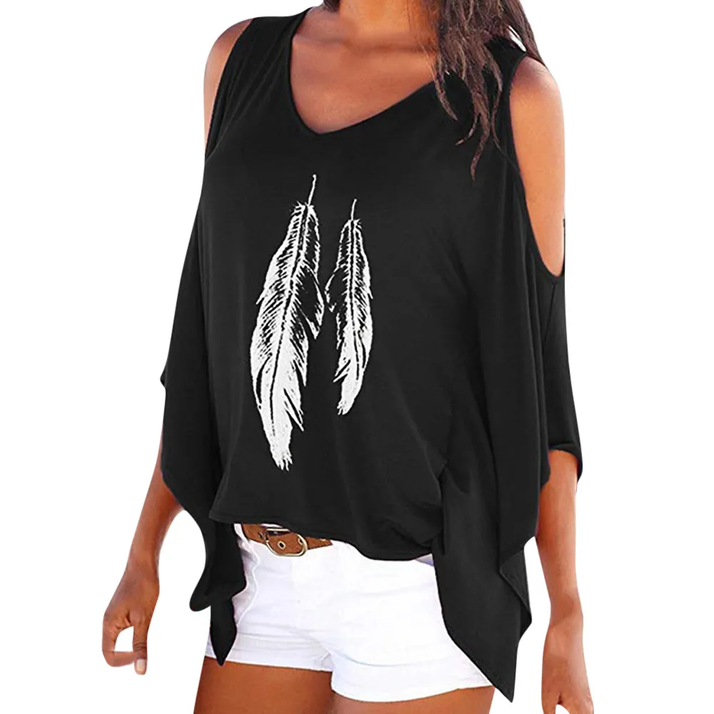 Women T Shirt Casual Loose Cold Shoulder T-Shirts Feather Print Batwing Three Quarter Fashion BlousePoleras De Mujer Moda #N
Women T Shirt Casual Loose Cold Shoulder T-Shirts Feather Print Batwing Three Quarter Fashion BlousePoleras De Mujer Moda #N