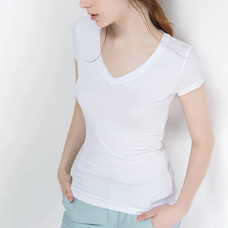 

S-5XL New Women's Cotton T-shirt Summer 2023 Casual Elasticity Short-sleeve V-neck Slim Bottom T-shirt Girl's Tops Tees Female