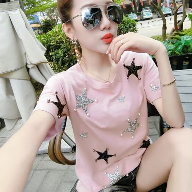 2019 new women's star Buttons bead short sleeve t-shirts Female pearl diamond Tops white Beading pentagon student summer Tees
2019 new women's star Buttons bead short sleeve t-shirts Female pearl diamond Tops white Beading pentagon student summer Tees