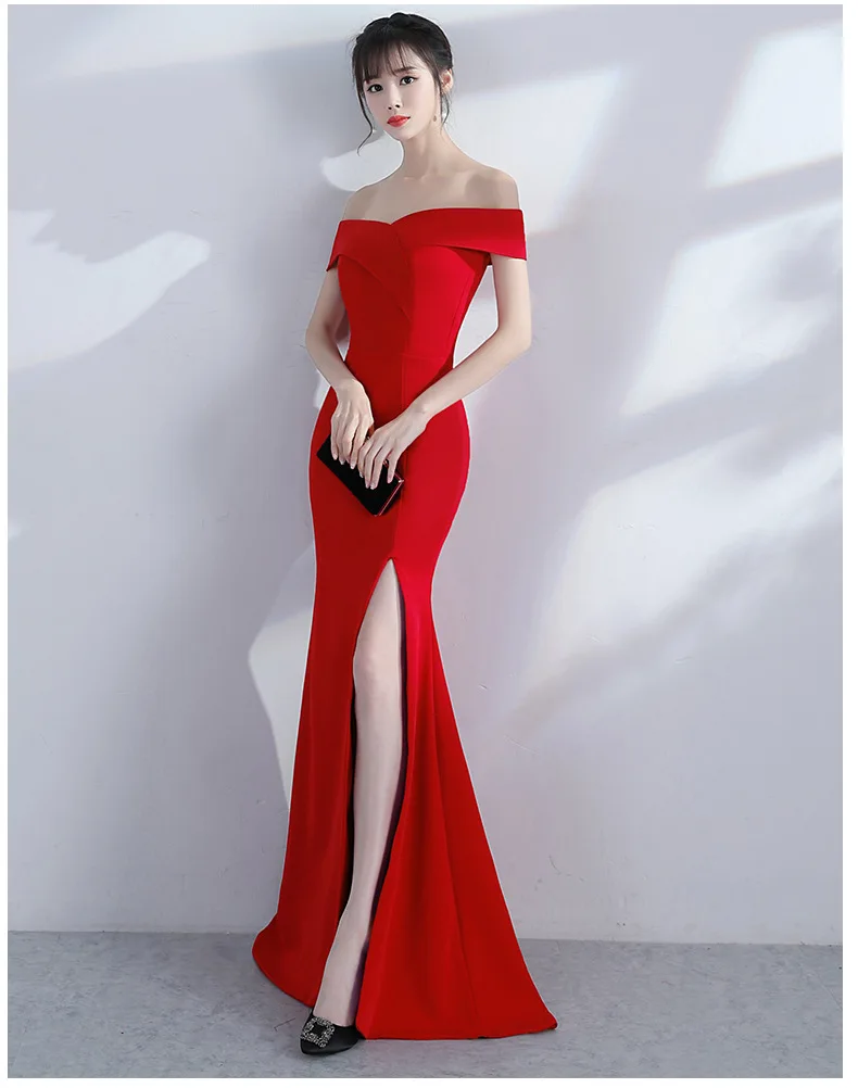 

Corzzet Vintage Sexy Red Strapless Slash Neck Off-shoudler Split Dress Elegant Formal Mermaid Evening Party Dresses Vestido
