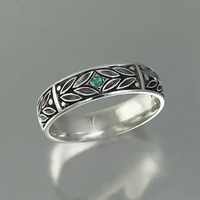 Huitan – bague cadeau d'anniversaire rétro pour femmes avec des feuilles Vintage gravées avec une petite bague en Zircon cubique vert 2