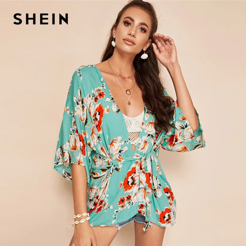 

SHEIN Green Boho Botanical Floral Print Belted Knot Longline Kimono Summer Beach Women Vacation Casual Half Sleeve Kimono