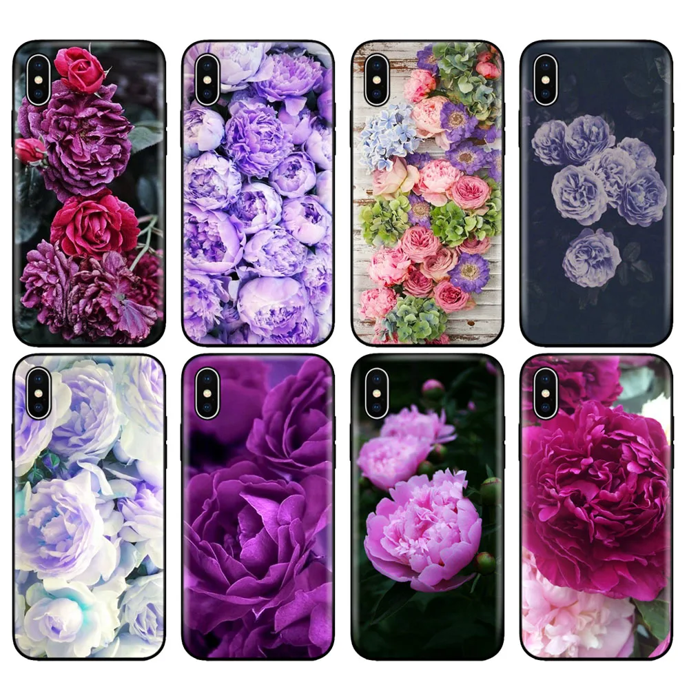 Черный ТПУ чехол для iphone 5 5s se 6 6s 7 8 plus x 10 XR XS 11 pro MAX фиолетовый летний пионы цветы |
