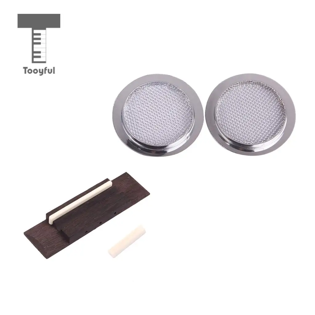 Chrome Guitar Sound Hole Inserts+Rosewood Bridge Saddle Nut for Resonator Cigar Box Guitar