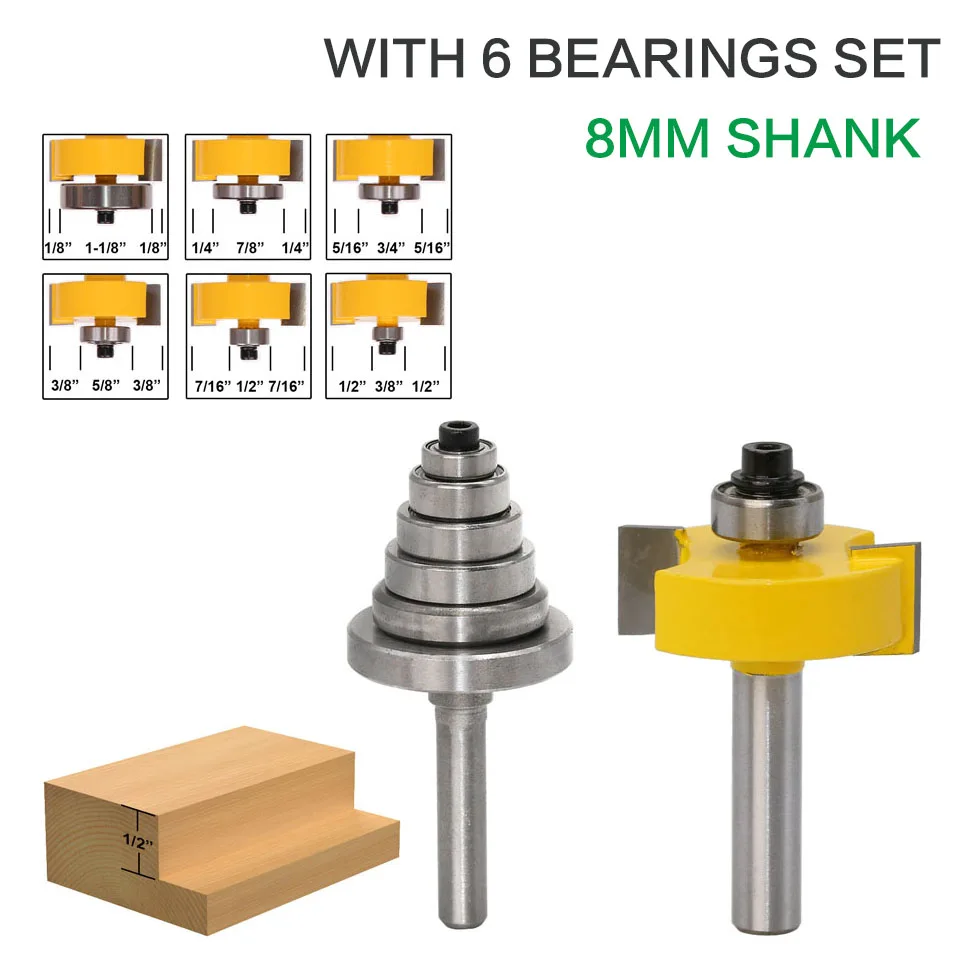 Rabbet Router Bit with 6 Bearings Set -1/2"H - 8" Shank Woodworking cutter Tenon Cutter for Woodworking Tools
Rabbet Router Bit with 6 Bearings Set -1/2"H - 8" Shank Woodworking cutter Tenon Cutter for Woodworking Tools