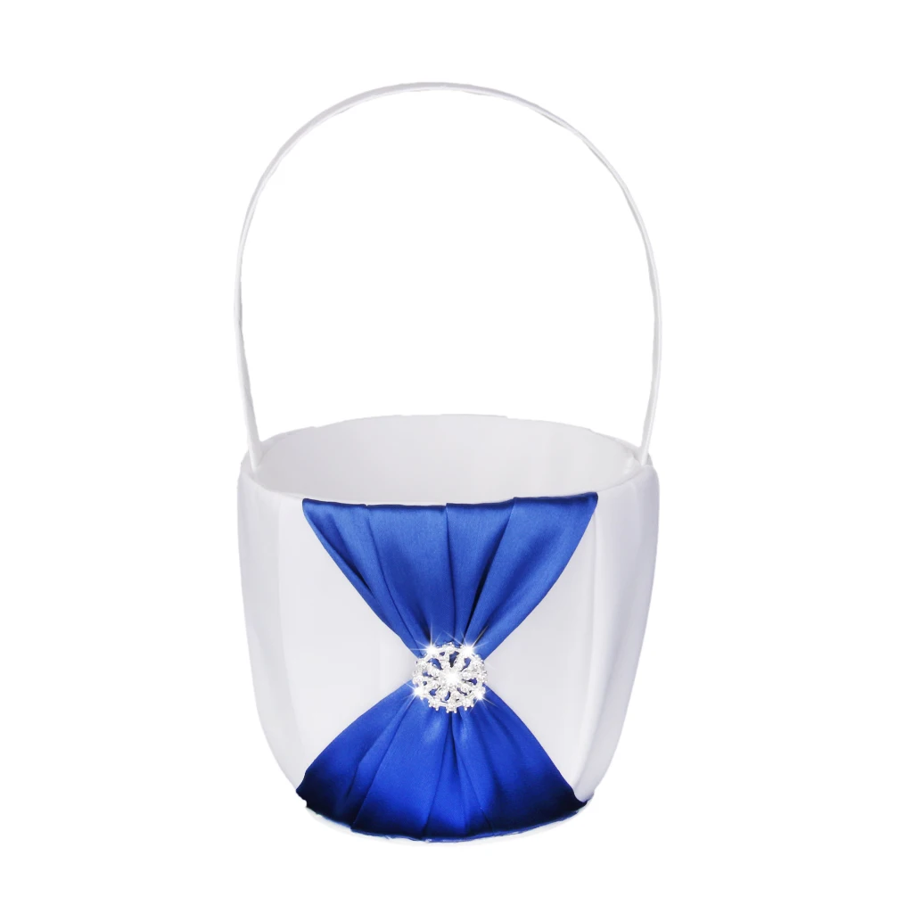 White Wedding Flower Girl Basket With Royal Blue Satin Diamante Bowknot Flower Pots