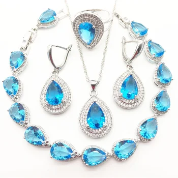 Best Wedding Present Sea-blue Crystal White Zircon Jewelry Sets 925 logo Silver Color Women Bracelet/Earrings/Necklace/Ring
Best Wedding Present Sea-blue Crystal White Zircon Jewelry Sets 925 logo Silver Color Women Bracelet/Earrings/Necklace/Ring