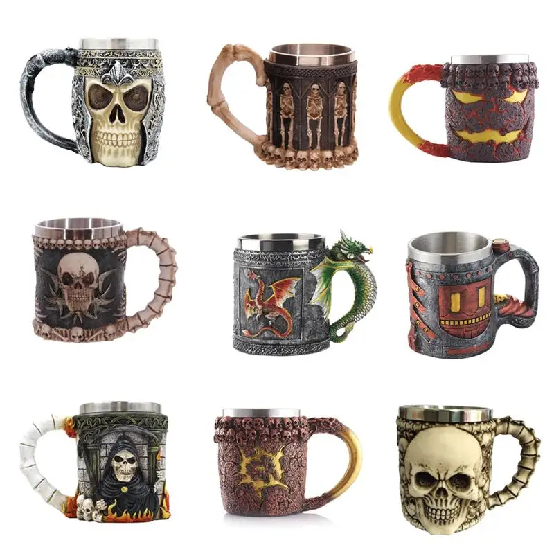 Image Cool Stainless Steel Skull Coffee Mug 3D Design Dragon Cup Skeleton Knight Tankard Unique Mugs Halloween Best Gift