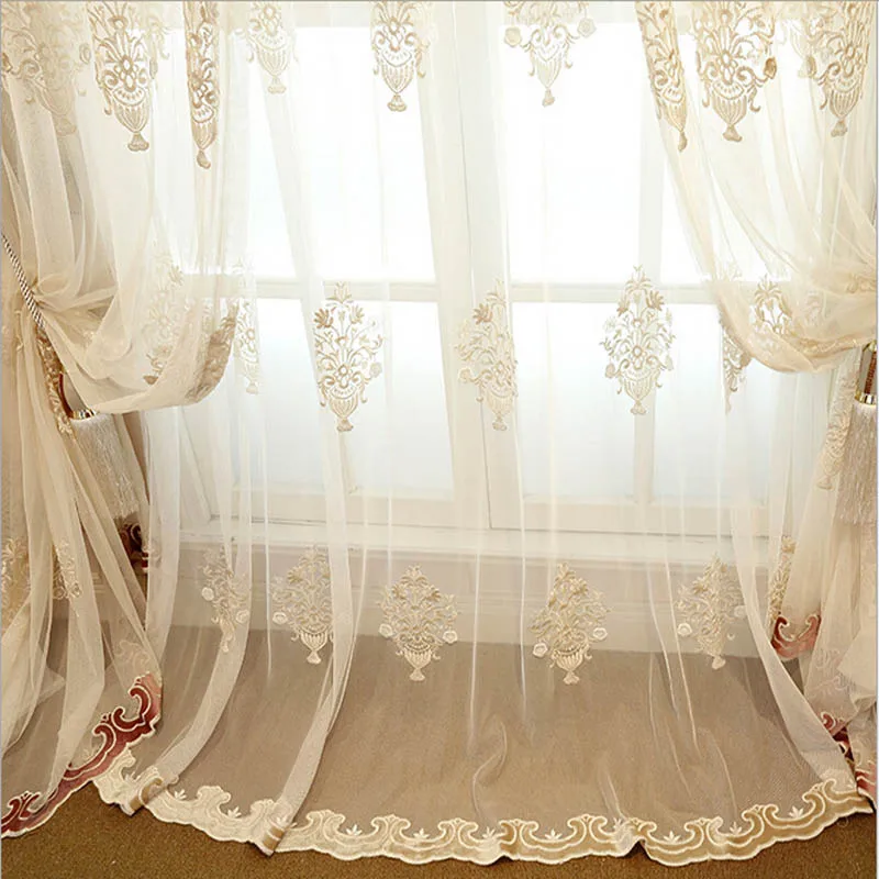 Beige Voile European Embroidery Flower Window Sheer Elegant Curtains Luxury Lace