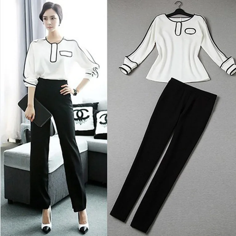 2 Piece Set Womens Ladies Business Chiffon Crop Top And Trousers Pants Work Suits 2016 New Jaquetas Feminina Blazers Feminino |