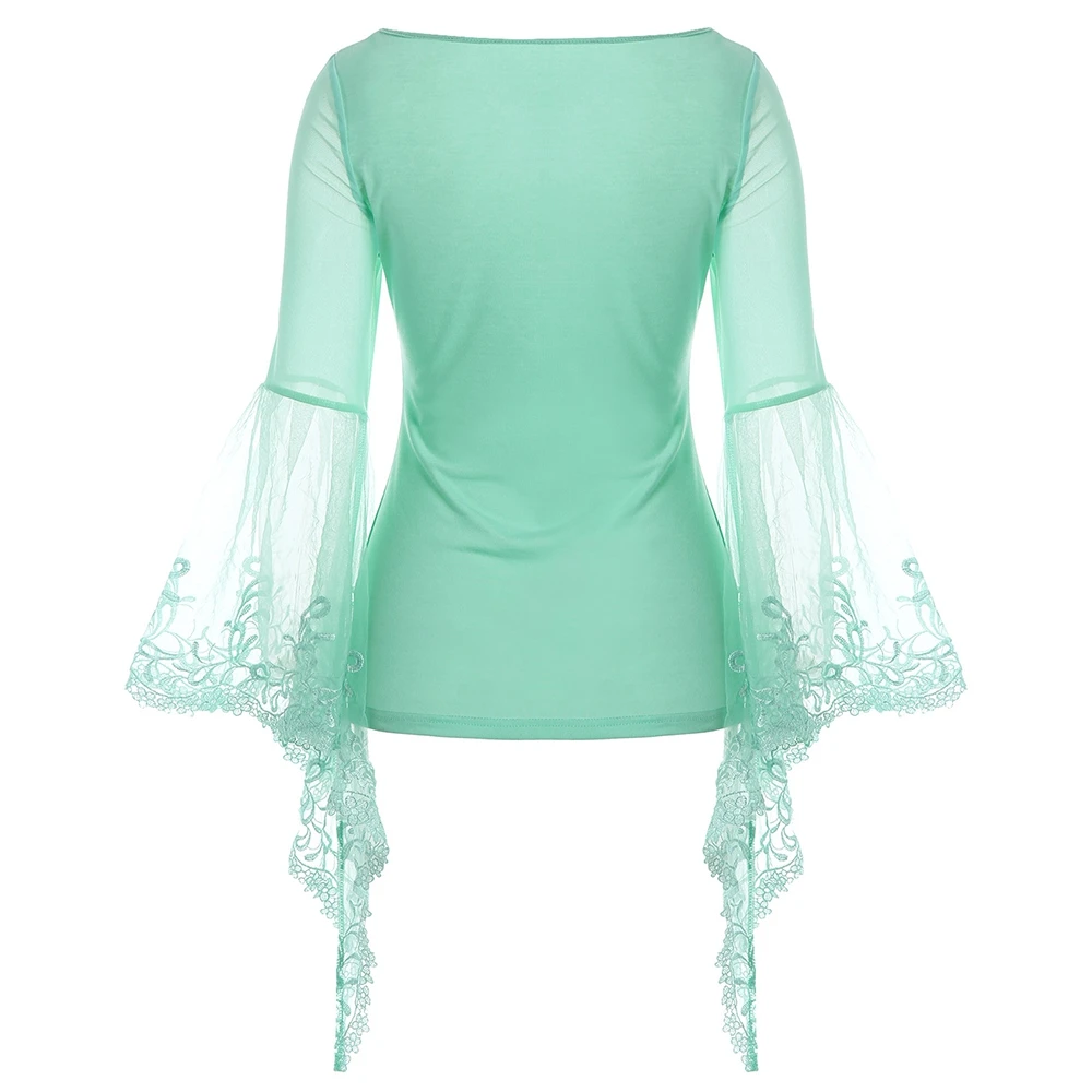VESTLINDA Lace Flare Sleeve Sheer Panel Blusa Top Women Blouse Shirt Blusas Mujer 2017 Plus Size Women Clothing Summer Blouses 2