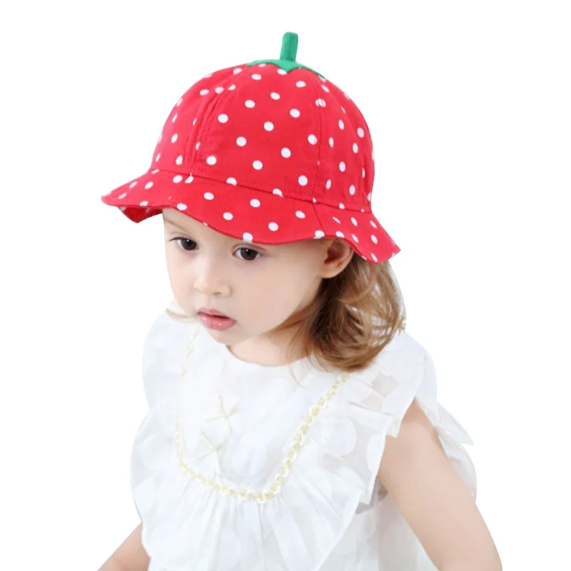 Polka Strawberry Baby Hat Fashion Red Girls Bucket Hat Dots Cotton Kids Sun Cap Lace Up Girls Hat Summer Baby Girls Clothing (3)