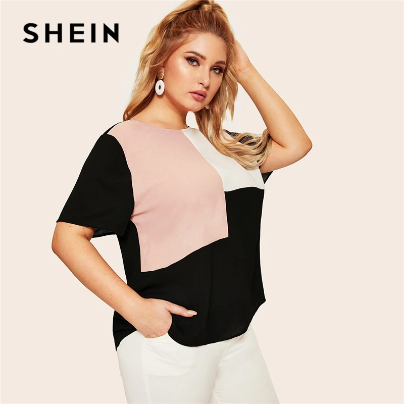 SHEIN Plus Size Keyhole Back Cut-And-Sew Women Blouse Summer Casual Colorblock Round Neck Short Sleeve Blouse Ladies Tops
SHEIN Plus Size Keyhole Back Cut-And-Sew Women Blouse Summer Casual Colorblock Round Neck Short Sleeve Blouse Ladies Tops