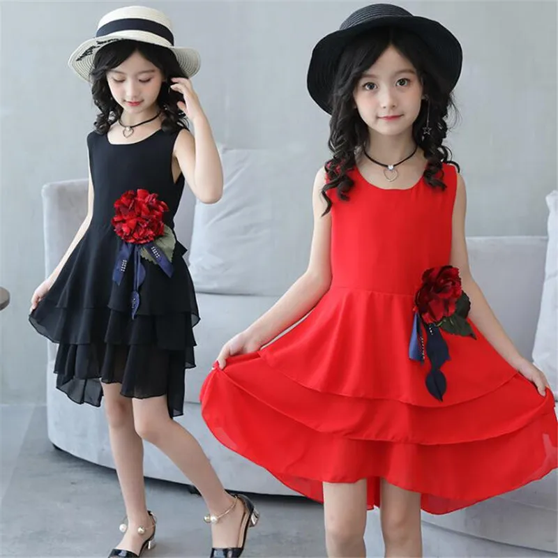 Детское шифоновое платье без рукавов с большим цветком однотонное для девочек 3 4