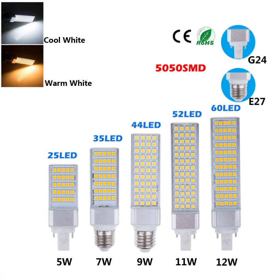 

G24 E27 LED Bulbs 5W 7W 9W 11W 12W LED Corn Bulb Lamp Light ,SMD 5050 Spotlight 180 Degree Horizontal Plug Light AC85-265V