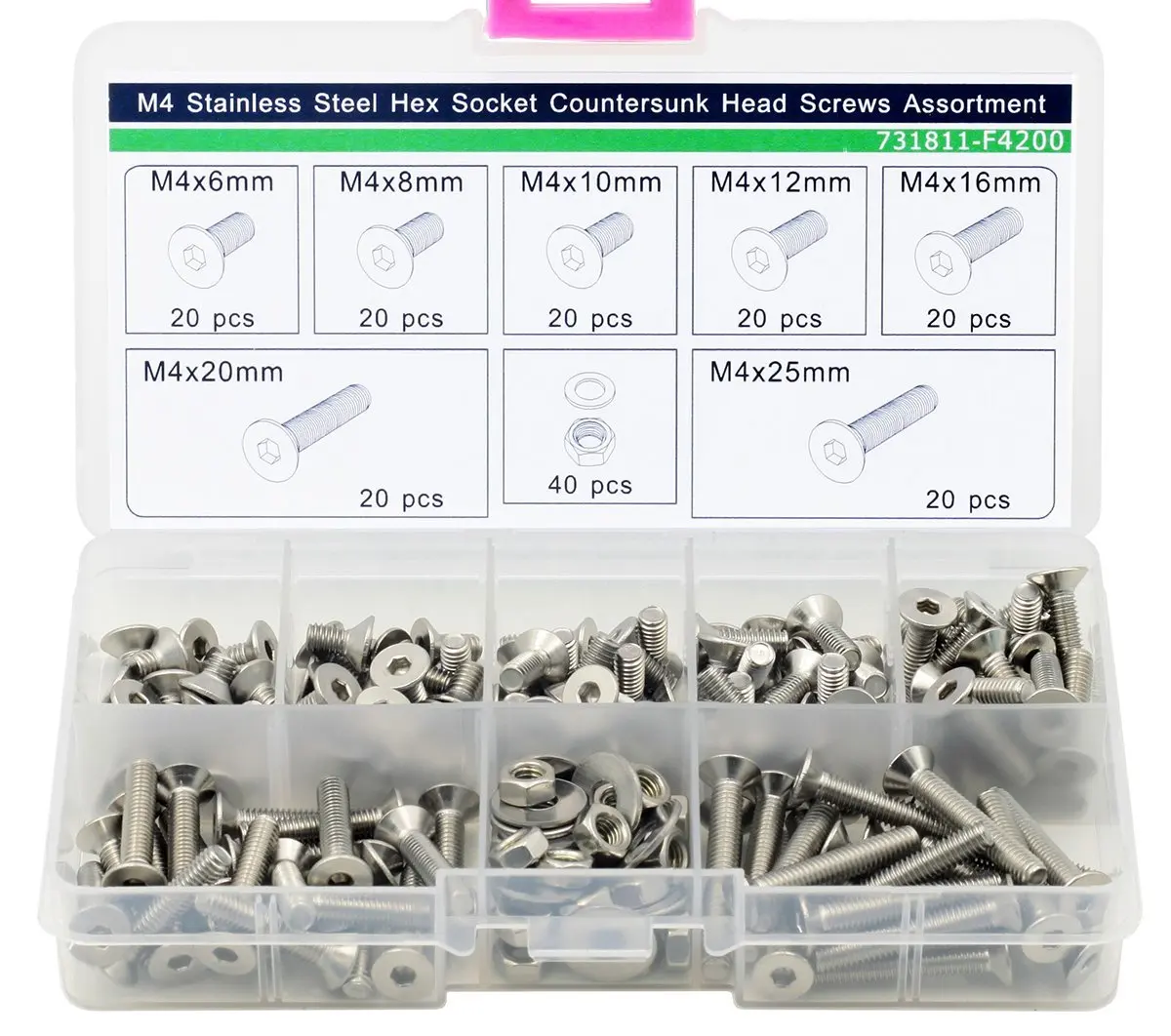M4 Hex Socket Countersunk Head Screws Nuts Washers Assortment Kit, 180 pieces, Stainless Steel
M4 Hex Socket Countersunk Head Screws Nuts Washers Assortment Kit, 180 pieces, Stainless Steel