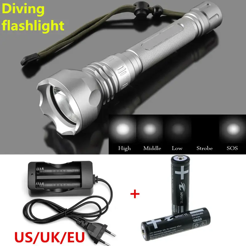 

3800Lm Underwater lights XM-L T6 LED Diving flashlight Waterproof Diver Torch lamp light +2x 18650 battery+AC charger