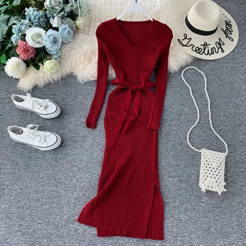 Autumn Winter 2019 Elegant Women Midi Knit Dress Sexy V Neck Slim Waist Bodycon Sweater Dress Vintage Casual Long Sleeve Vestido
Autumn Winter 2019 Elegant Women Midi Knit Dress Sexy V Neck Slim Waist Bodycon Sweater Dress Vintage Casual Long Sleeve Vestido