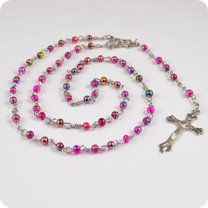 

Pink Rosary Beads INRI JESUS Icon Cross Crucifix Pendant Necklace Catholic Fashion Religious jewelry