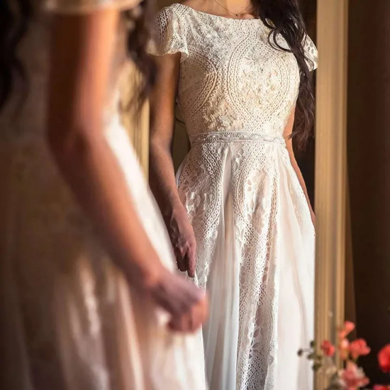 2020 Elegant Lace Chiffon Beach Wedding Dress Boho robe de mariee Beading Sashes Short Sleeve Vestido De Noiva
2020 Elegant Lace Chiffon Beach Wedding Dress Boho robe de mariee Beading Sashes Short Sleeve Vestido De Noiva