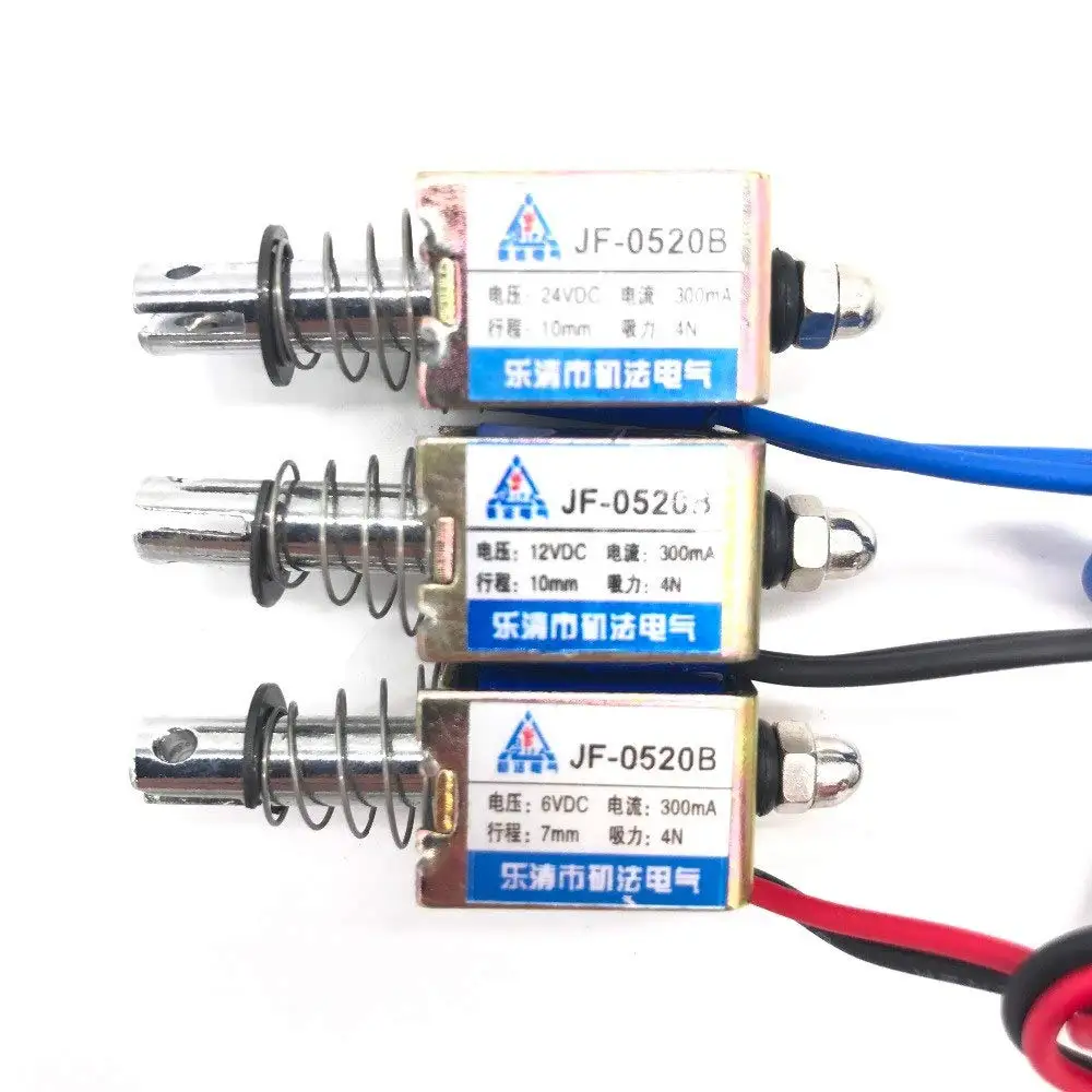 JF-0520B/JF-0530 DC 6V DC 12V or DC 24V Push Type Open Frame Linear Solenoid Electromagnet Suction 40g 10mm 0.3A 4N
JF-0520B/JF-0530 DC 6V DC 12V or DC 24V Push Type Open Frame Linear Solenoid Electromagnet Suction 40g 10mm 0.3A 4N