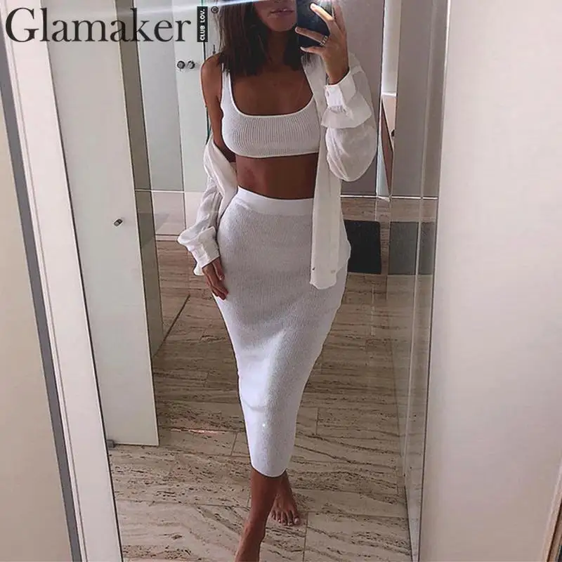 Glamaker White sexy two piece suit bodycon dress Women crop top summer high waist long dress Female elegant party club dress new
Glamaker White sexy two piece suit bodycon dress Women crop top summer high waist long dress Female elegant party club dress new