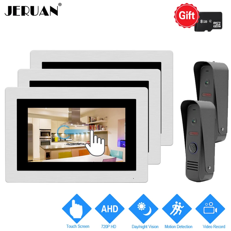 

JERUAN 720P AHD HD Motion Detection 7`` Touch Screen Video Doorbell Intercom System 3 Record Monitor +2 Waterproof Mini Camera
