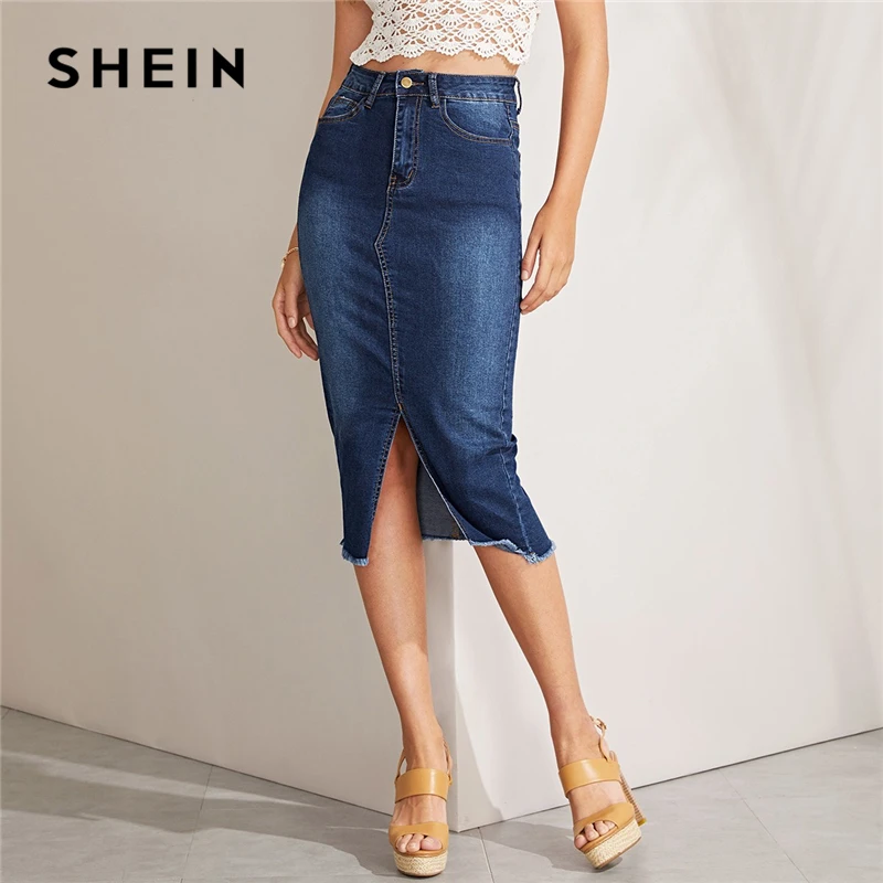 

SHEIN Blue 5-pocket Slit Hem Frayed Trim Mid Waist Bodycon Denim Skirts Womens Spring Solid Elegant Workwear Pencil Long Skirt