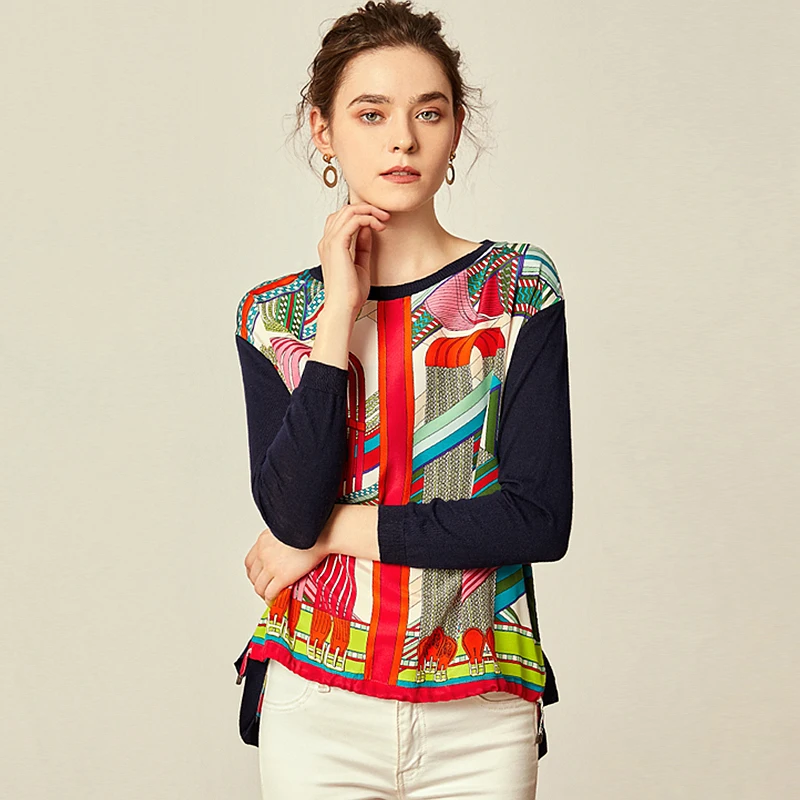 Blouse Women 100% Printed Silk Patchwork Fabric Simple O Neck Knitted Long Sleeves Pleated Hem Casual Top New Fashion 2019
Blouse Women 100% Printed Silk Patchwork Fabric Simple O Neck Knitted Long Sleeves Pleated Hem Casual Top New Fashion 2019