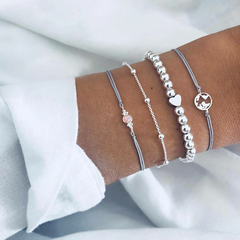 HOMOD 4 Pcs/ Set Trendy Hollow Map Heart Bead Gem Chain Leather Woven Silver Bracelet Set Women Personality Valentines Day Gift
HOMOD 4 Pcs/ Set Trendy Hollow Map Heart Bead Gem Chain Leather Woven Silver Bracelet Set Women Personality Valentines Day Gift