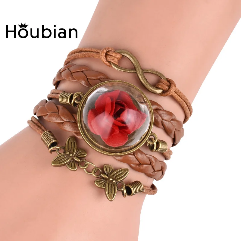 Houbia Glass Ball Rose Leather Charms Bracelets For Women infinity Butterfly Bracelet Wristband Bangle Beauty Beast Jewelry Gift | Украшения