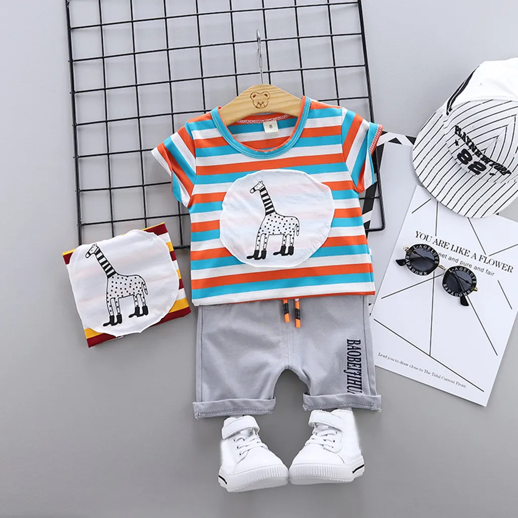 Toddler Baby Kids Boys Clothes Stripe Giraffe Cartoon Short Sleeves Tops T-shirt Letter Short Pants Two Pieces Clothing Outfits
Toddler Baby Kids Boys Clothes Stripe Giraffe Cartoon Short Sleeves Tops T-shirt Letter Short Pants Two Pieces Clothing Outfits