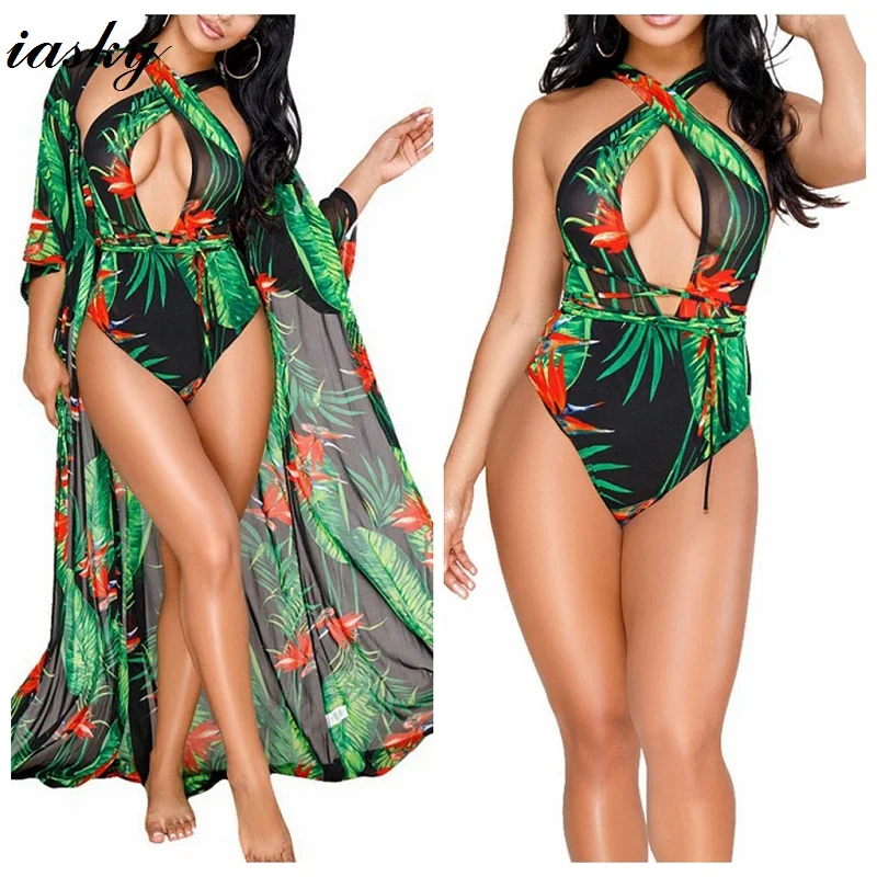 

IASKY 2018 Print Green Leaves one Piece swimsuit +Beach Cover Ups Set Sexy women Deep V neck swimwear Bathing Suit 2PCS/SET
