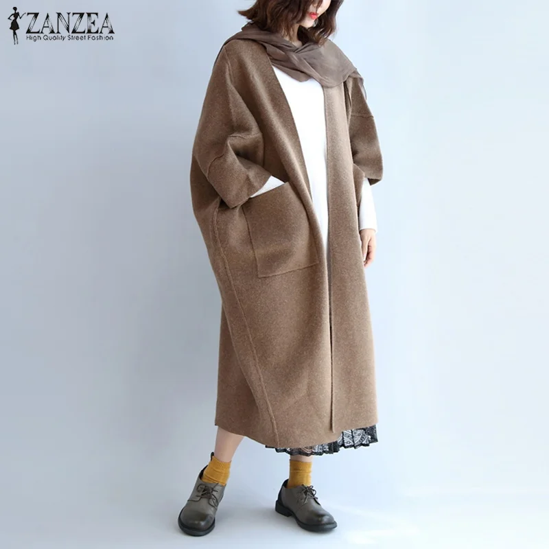 

2019 ZANZEA Winter Women V Neck Trench Wool Coat Outwear Casual Loose Long Wool Blends Coats Autumn Batwing Sleeve Solid Jackets