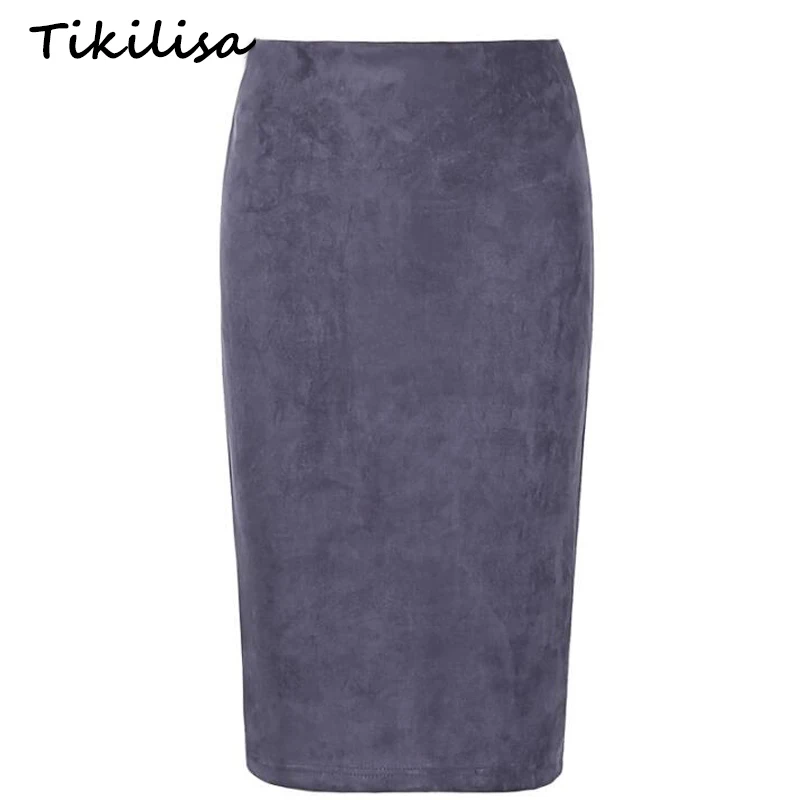 Image Tikilisa 2017 Spring Summer Soild Midi Pencil Skirt Flocking Suede Sexy Hip Push Basic Bodycon Skirts Muti colors