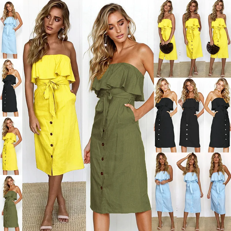 

2019 Sexy Elegant dress cotton Women Button Off Shoulder Bardot Dress Ladies Summer Ruffle Belted Frill Dress C0324