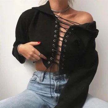 Sexy Solid Color Sweatshirt Hollow Lace Up Long Sleeve Short Hoodies Pullovers Loose Casual Fashion Female Clothing Hooded Black
Sexy Solid Color Sweatshirt Hollow Lace Up Long Sleeve Short Hoodies Pullovers Loose Casual Fashion Female Clothing Hooded Black