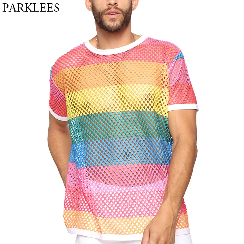Men's Rainbow Mesh See through Fishnet T Shirt 2019 Sexy Short Sleeve Transparent Tshirt Homme Hip Hop Streetwear Camisetas 5XL
Men's Rainbow Mesh See through Fishnet T Shirt 2019 Sexy Short Sleeve Transparent Tshirt Homme Hip Hop Streetwear Camisetas 5XL