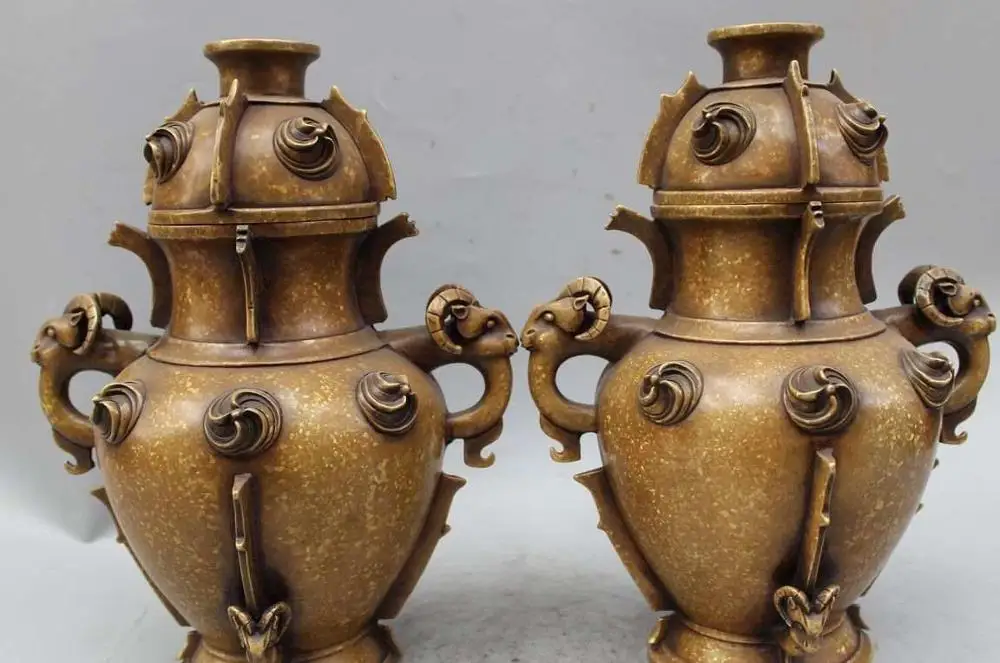 12" Marked China Dynasty Bronze Two-sided Sheep Statue Zun Bottle Vase Container
12" Marked China Dynasty Bronze Two-sided Sheep Statue Zun Bottle Vase Container