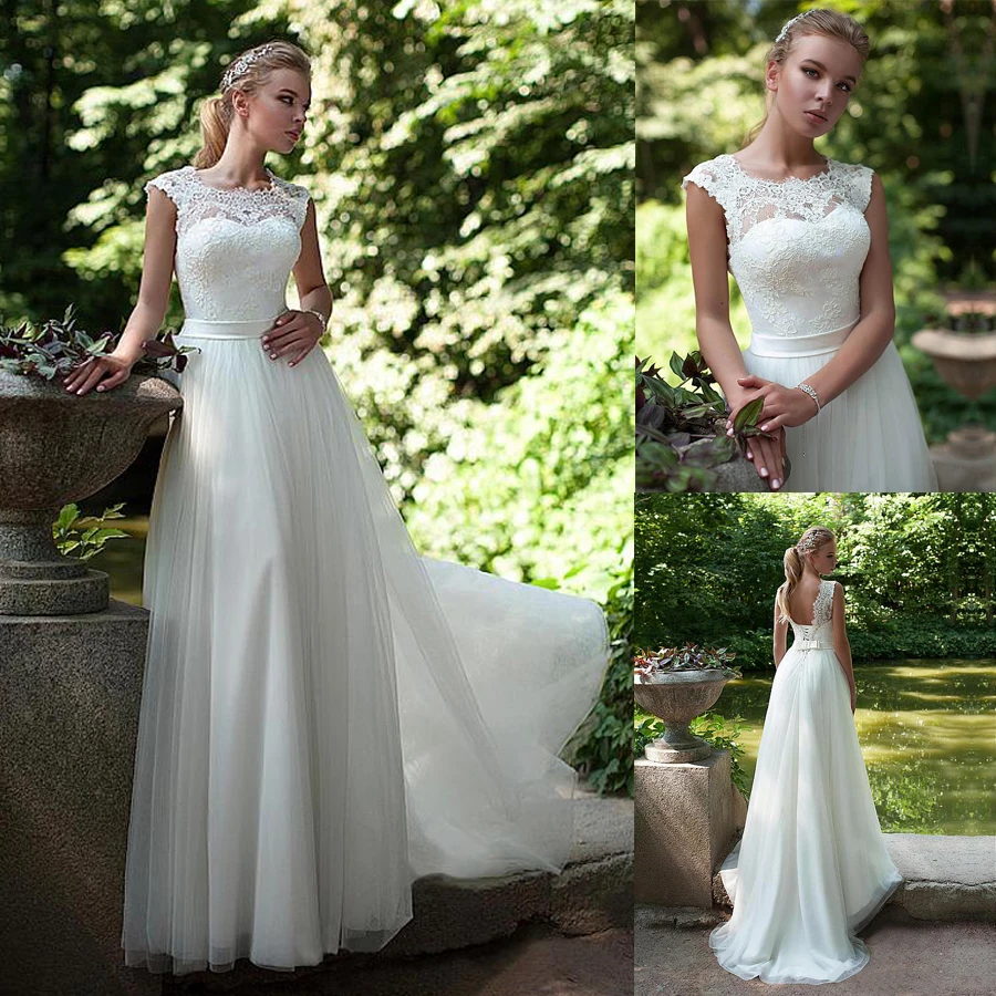 

Graceful Tulle Jewel Neckline A-line Wedding Dresses Sleeveless Lace Bodice Bridal Dress vestido de festa longo